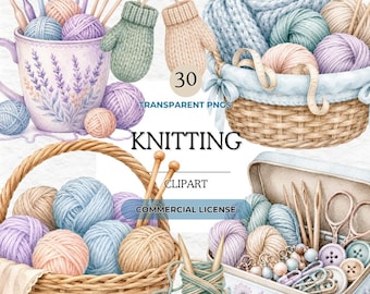 Knitting Clipart Bundle, Watercolor Yarn Graphics, Cozy Crafting Clip Art, Basket Skein, Needle, Mitten, Planner Stickers