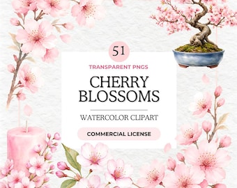 Cherry Blossoms Watercolor Clipart Bundle, Pink Sakura Floral PNGs, Spring Wedding Invitation Graphics, Planner Stickers, Commercial Use