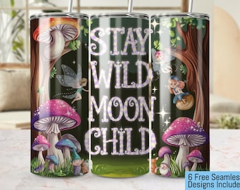 Envoltura para vaso Stay Wild Moon Child, envoltura para vaso de 20 oz para sublimación, diseño de bosque de hadas, descarga PNG instantánea, estilo cottagecore