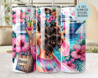 Cruise Life Tumbler Wrap PNG, Seamless 20oz Tumbler Design, Tropical Vacation Tumbler, Woman Hibiscus Flowers PNG, 300 DPI Sublimation