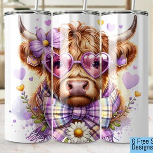 Cute highland Cow Seamless 20oz Tumbler Wrap, Floral Cow, lavender floral design, Cow Lover Gift, High Resolution PNG, 300DPI wrap
