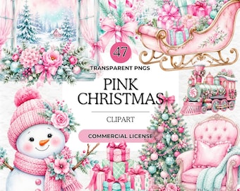 Pink Christmas Clipart, Watercolor Winter Wonderland, Shabby Chic Christmas, Pastel Holiday Graphics, Santa, Snowman, Deer, Digital Download