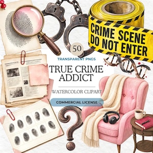 Könnte beinhalten: Eine Sammlung von Aquarell-Cliparts mit einer Lupe, Handschellen, Absperrband mit dem Text CRIME SCENE DO NOT ENTER, einem DNA-Strang, einem rosa Sessel mit Decke, Kopfhörern, einem Notizbuch und Karten mit Fingerabdrücken.