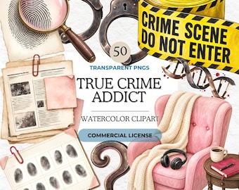 True Crime Addict Clipart, Detective Watercolor Clipart, Mystery Clipart, Detective Tools, Police Clipart, Vintage Clipart Bundle