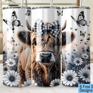 Cute Highland Cow Seamless Tumbler Wrap, 20oz Tumbler, Cow with Butterflies, Sublimation Tumbler, High Resolution 300 DPI, Instant Download