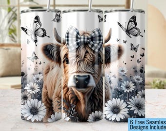 Cute Highland Cow Seamless Tumbler Wrap, 20oz Tumbler, Cow with Butterflies, Sublimation Tumbler, High Resolution 300 DPI, Instant Download
