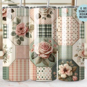 May include: Three stainless steel tumblers with floral patchwork designs. Each tumbler features a different pattern, including roses, polka dots, and plaid. The tumblers have a straw and the text "6 FREE SEAMLESS DESIGNS INCLUDED".