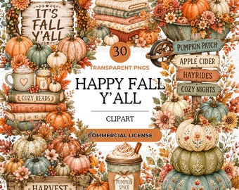 Happy Fall Y'all Clipart, Autumn Watercolor Bundle, Pumpkin Patch, Hello Fall, Harvest Blessings, Cozy Fall PNG, Leaves, Fall Festival