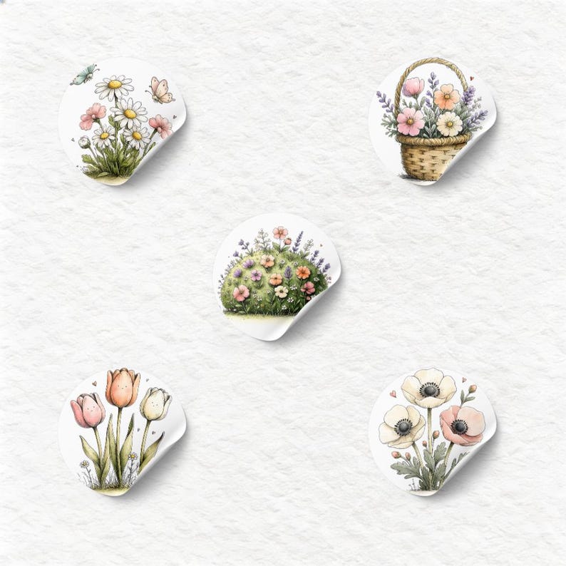 May include: Five circular stickers featuring watercolor-style illustrations of floral arrangements. Designs include daisies with butterflies, a woven basket of flowers, a rounded garden mound, pink and white tulips, and white and pink anemones.