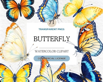 Butterfly Watercolor Clipart Bundle, 71 Transparent PNGs, Delicate Butterfly Art, Vibrant Insect Illustrations, Digital Download