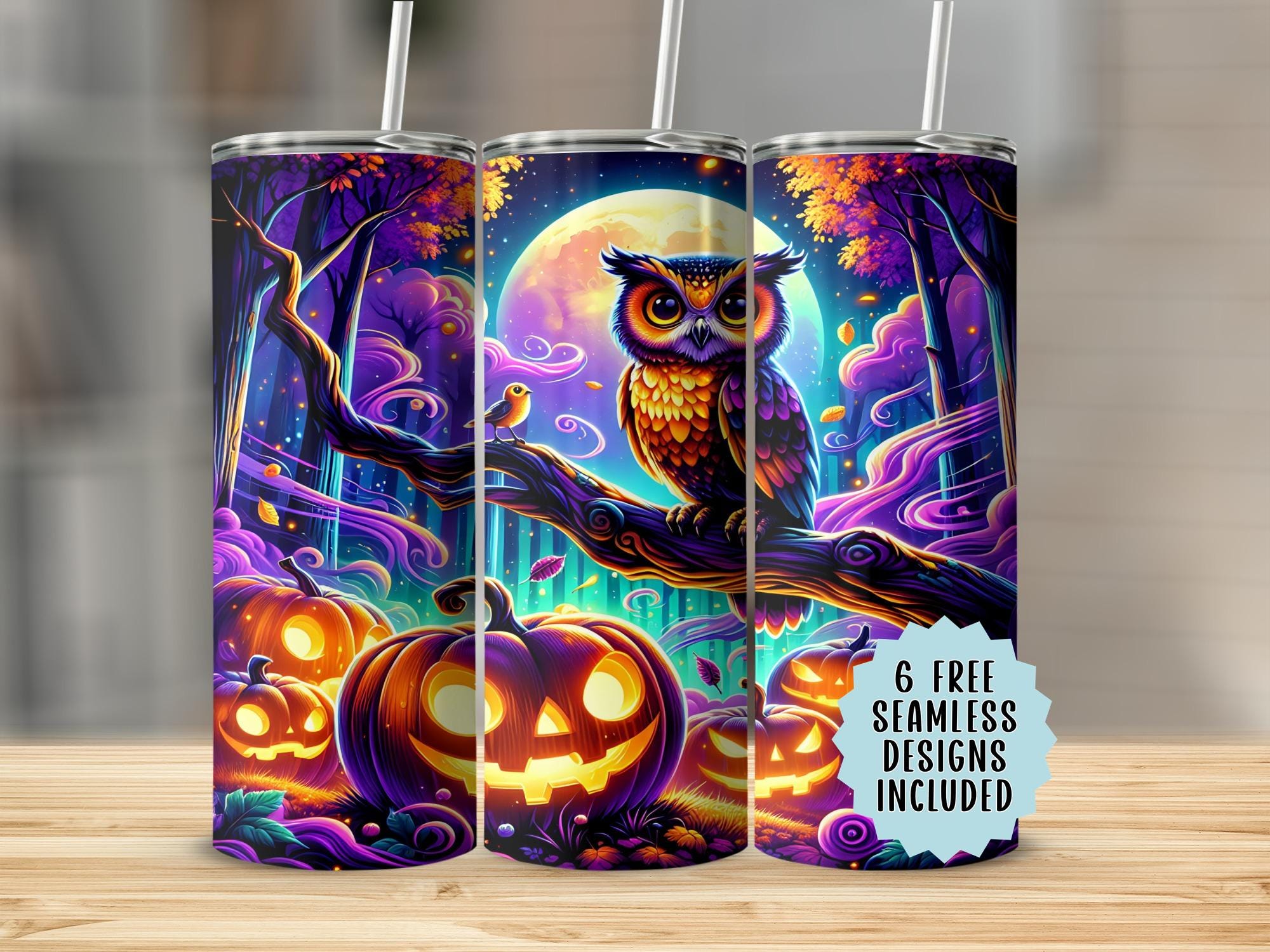 Halloween Owl Tumbler Wrap, Spooky Night Seamless 20oz Tumbler PNG, Pumpkin Patch Fall Design, 300 D