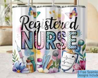 Registered Nurse Tumbler Wrap, Floral Nurse PNG, Seamless 20oz Tumbler Wrap PNG 300 DPI, Nurse Appreciation Gift, Medical Tumbler Design