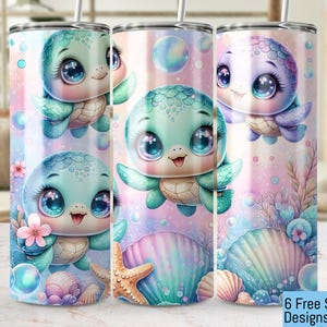 May include: Three stainless steel tumblers with a colorful design featuring cartoon turtles with large eyes, seashells, and bubbles. The tumblers are on a white surface.