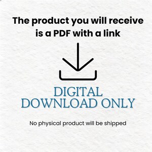 K&ouml;nnte beinhalten: Wei&szlig;er Hintergrund mit Text: &bdquo;Das Produkt, das Sie erhalten, ist ein PDF mit einem Link.&ldquo; Darunter ein nach unten zeigender Pfeil &uuml;ber den Worten &bdquo;NUR DIGITALER DOWNLOAD&ldquo;. Der Text &bdquo;Es wird kein physisches Produkt versendet&ldquo; steht unten.