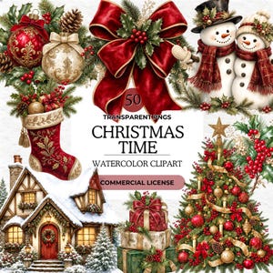 Könnte beinhalten: Eine digitale Sammlung von 50 Aquarell-Weihnachts-Cliparts, darunter ein roter Strumpf, eine große rote Schleife, zwei Schneemänner, ein geschmückter Weihnachtsbaum, ein verschneites Haus und Geschenke mit dem Text Christmas Time und Commercial License.