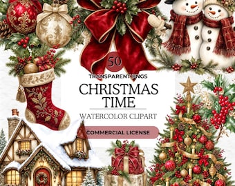 Christmas Clipart Bundle, Watercolor Winter Holiday PNG, Festive Poinsettia, Santa, Snowman, Gingerbread, Wreath, Cozy House, Xmas, Bells