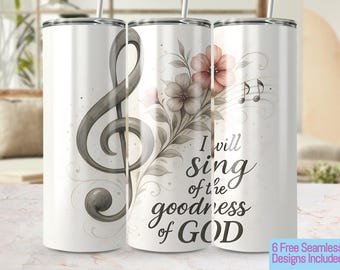 Floral Music Treble Clef 20oz Tumbler Wrap PNG, Christian Scripture Sublimation Design, Printable Seamless Tumbler Design, 300 DPI