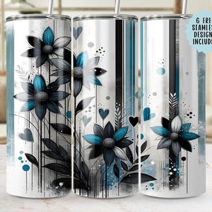 Teal Floral 20oz Tumbler Wrap, Seamless PNG, Flower Tumbler Design, 300 DPI Sublimation, Abstract Flower Tumbler Template, Tumbler Download