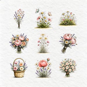 Whimsical Floral Clipart Bundle, 20 PNG Designs, Flower Clip Art, Watercolor Flowers, Transparent Background, 300 DPI, 5000x5000 px image 6