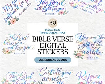 Bible Verse Sticker Style Clipart Bundle, Inspirational Christian Digital Stickers, Faux Holographic Scripture PNGs for Faith Journals