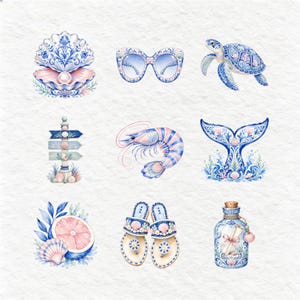 Various whimsical watercolor nautical graphics such as a dolphin, a life buoy, an anchor, a sailboat, a starfish, a seahorse, a crab, a lobster, and a beach umbrella. These detailed illustrations, primarily in cool blues, pinks, and pastels, are perfect for summer-themed creative projects.