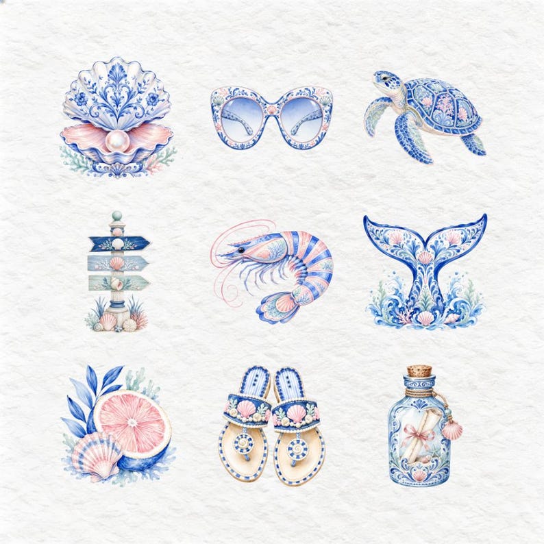 Various whimsical watercolor nautical graphics such as a dolphin, a life buoy, an anchor, a sailboat, a starfish, a seahorse, a crab, a lobster, and a beach umbrella. These detailed illustrations, primarily in cool blues, pinks, and pastels, are perfect for summer-themed creative projects.