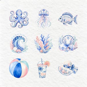An array of charming watercolor marine and beach items, featuring a pearl in an oyster, stylish sunglasses, a sea turtle, a shrimp, a whale tail, patterned flip-flops, and a message in a bottle. The artistic style incorporates delicate blue and white patterns, exuding a chic seaside vibe.