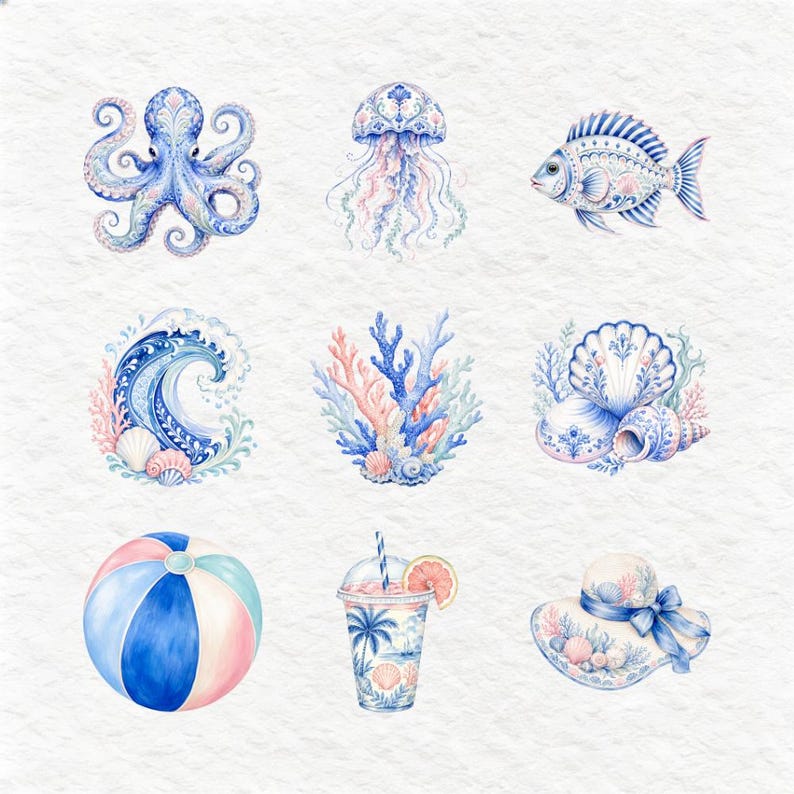 An array of charming watercolor marine and beach items, featuring a pearl in an oyster, stylish sunglasses, a sea turtle, a shrimp, a whale tail, patterned flip-flops, and a message in a bottle. The artistic style incorporates delicate blue and white patterns, exuding a chic seaside vibe.