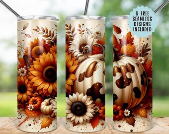 Sunflower Cow Print Pumpkin, Seamless 20oz Tumbler Wrap PNG 300 DPI, Fall Tumbler Design, Autumn Tumbler File, Floral Tumbler Design