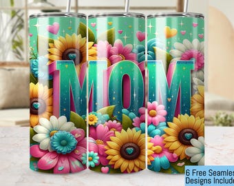 Copribicchiere floreale per mamma, senza cuciture, 20 oz, PNG, regalo per la festa della mamma, design del bicchiere floreale stampabile a 300 DPI, cuori, girasoli e margherite, regalo per la mamma