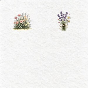 May include: A digital illustration featuring two distinct floral elements on a textured white background. On the left, a dense cluster of pink, peach, and yellow wildflowers with green foliage. On the right, a bouquet of purple lavender and white daisies tied with a beige ribbon.