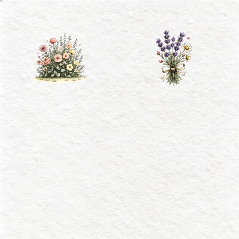 May include: A digital illustration featuring two distinct floral elements on a textured white background. On the left, a dense cluster of pink, peach, and yellow wildflowers with green foliage. On the right, a bouquet of purple lavender and white daisies tied with a beige ribbon.