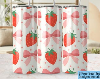 Strawberry Coquette Tumbler Wrap, Seamless 20oz Skinny Tumbler PNG, Cute Strawberry Pattern, Strawberry Lover Gift, Digital Download