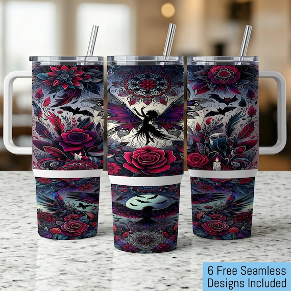 Gothic Fairy Seamless 40oz Tumbler Wrap PNG, Roses Bats Digital Download, Dark Floral Tumbler Design, 300 DPI Image