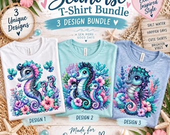 Seahorse T-Shirt Bundle, PNG Designs, 3 Pack, Ocean Lovers, Cute Seahorse Clipart, Marine Life, Tropical Shirt Print, Digital Download