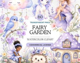Fairy Garden Clipart Bundle, Watercolor PNG, Magical Fairies, Mushroom Houses, Unicorn, Digital Art, Fantasy Elements