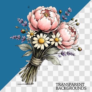 May include: A digital illustration of a floral bouquet featuring two large, soft pink peonies, two white daisies with yellow centers, and sprigs of purple lavender. The stems are bundled together with a light tan wrap, and green leaves are visible.