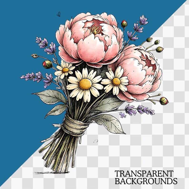 May include: A digital illustration of a floral bouquet featuring two large, soft pink peonies, two white daisies with yellow centers, and sprigs of purple lavender. The stems are bundled together with a light tan wrap, and green leaves are visible.