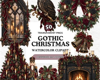 Gothic Christmas Clipart Bundle, Dark Academia Holiday PNG, Victorian Elegant Junk Journal Digital Art, Vintage Winter Festive