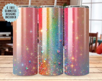 Rainbow Hearts Glitter Seamless 20oz Tumbler Wrap PNG, Sparkle Sublimation Design, Cute Tumbler Design, 300 DPI, Digital Download