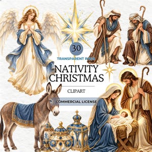 Op de afbeelding: Een digitale collectie van 30 transparante PNG-kerstcliparts met een kerststalthema, inclusief een engel, herders met staven, een ezel, versierde vaten en de heilige familie met een baby in een kribbe, gecentreerd rond een grote ster.