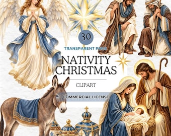 Nativity Christmas Clipart, Watercolor Nativity Scene, Baby Jesus PNG, Religious Bundle, Christian Art, Digital Download