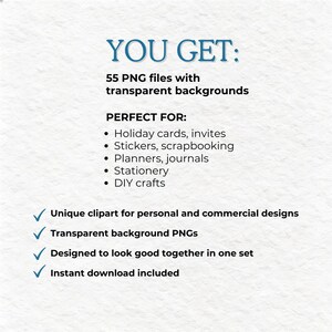 K&ouml;nnte beinhalten: Bild mit dem Text "YOU GET: 55 PNG-Dateien mit transparenten Hintergr&uuml;nden." Der Text lautet auch "PERFEKT F&Uuml;R: Weihnachtskarten, Einladungen, Aufkleber, Scrapbooking, Planer, Journale, Schreibwaren, DIY-Basteln."