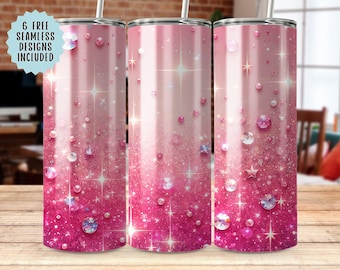 Pink Glitter Tumbler Wrap, Seamless 20oz PNG, Sparkling Crystals Tumbler, 300 DPI Sublimation Design, Shimmering Pink Tumbler Design