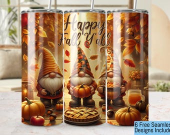 Happy Fall Yall Gnomes, 20oz Tumbler Wrap PNG, Autumn Leaves Pumpkins Design, Seamless Digital Download, 300 DPI, Fall Thanksgiving