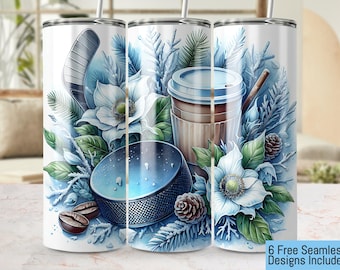 Hockey Winter Sports Seamless 20oz Tumbler Wrap PNG 300 DPI, Hockey Puck Stick Coffee Floral Tumbler Design, Digital Download, Sports Mom