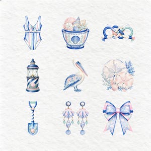Various whimsical watercolor nautical graphics such as a dolphin, a life buoy, an anchor, a sailboat, a starfish, a seahorse, a crab, a lobster, and a beach umbrella. These detailed illustrations, primarily in cool blues, pinks, and pastels, are perfect for summer-themed creative projects.