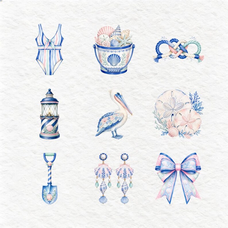 Various whimsical watercolor nautical graphics such as a dolphin, a life buoy, an anchor, a sailboat, a starfish, a seahorse, a crab, a lobster, and a beach umbrella. These detailed illustrations, primarily in cool blues, pinks, and pastels, are perfect for summer-themed creative projects.