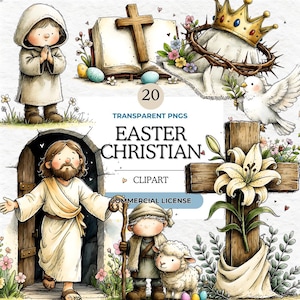 Easter Christian Clipart Bundle: 20 PNG Elements with Jesus, Cross, Dove & Bible, 300DPI Transparent