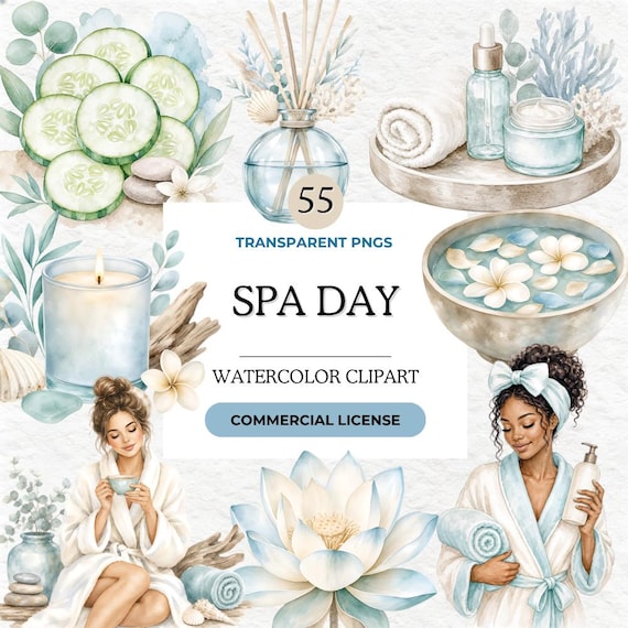 Spa Day Clipart Bundle, Watercolor Relaxation Graphics, Self Care PNGs, Bath & Body Elements, Wellness Art, Beauty Kit, 55 PNG